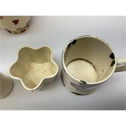 Collection of Emma Bridgewater spongeware ceramics, to include Pink Hearts pattern teapot, milk bottle vase, teacup and saucers, Love & Kisses sugar shaker and large 'I love you more than Marlon Brando' mug, British Birds and Black and White pattern mugs, etc, all with printed marks beneath, tallest H21.5cm