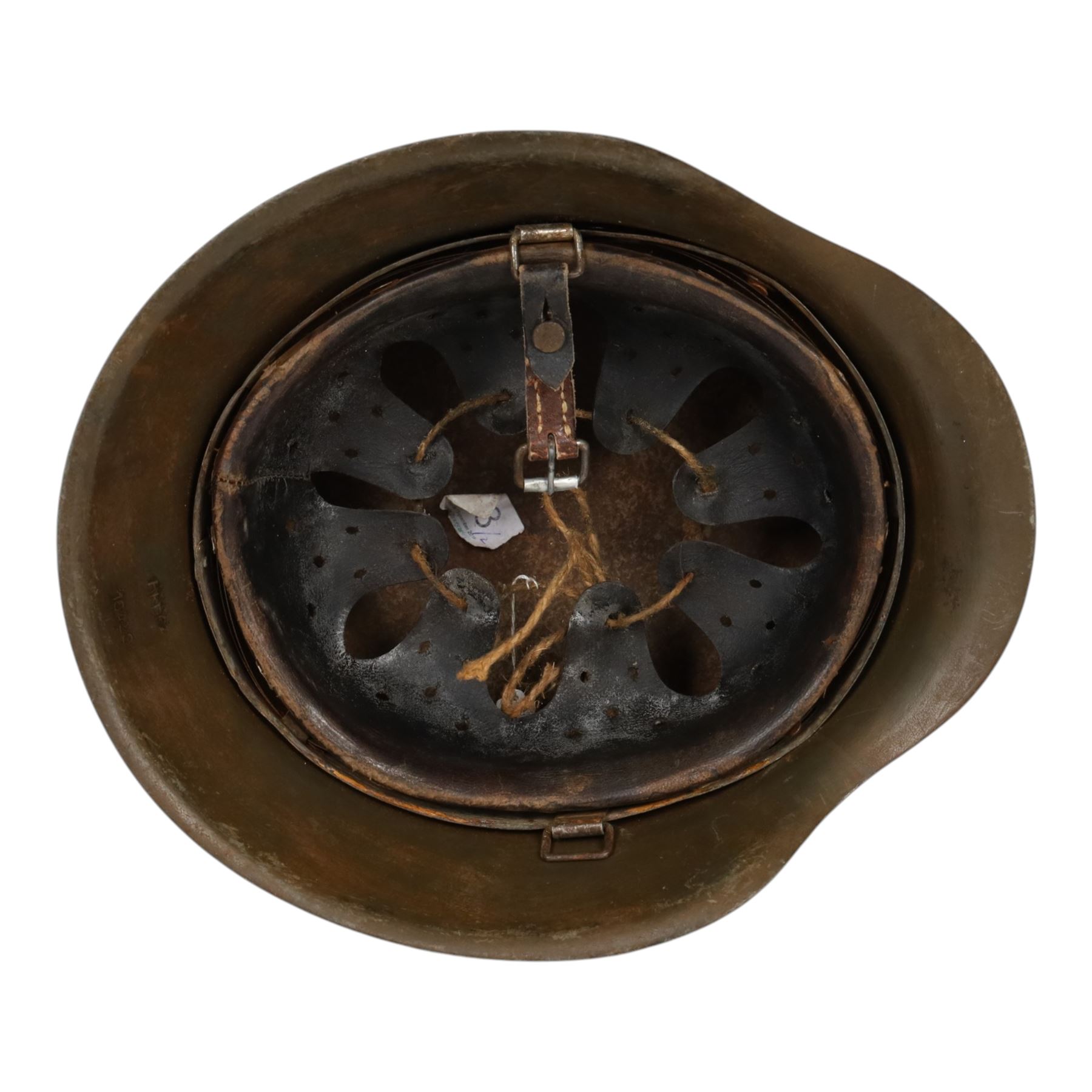 German Third Reich M45 Luftwaffe single decal helmet, the inner back brim stamped hkp 64, 16438, with eight tongue leather liner and the buckle part of the chinstrap