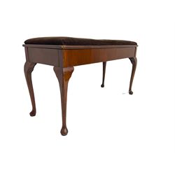 Early 20th century walnut duet piano stool, rectangular hinged lid with upholstered seat, on cabriole supports