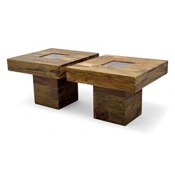 Pair of contemporary hardwood occasional tables, square tops with central recessed acrylic panels, on block pedestal bases