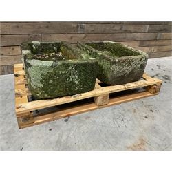 Two 19th century rectangular stone troughs (W72cm, D46cm, H25cm & W70cm, D44cm, H23cm)