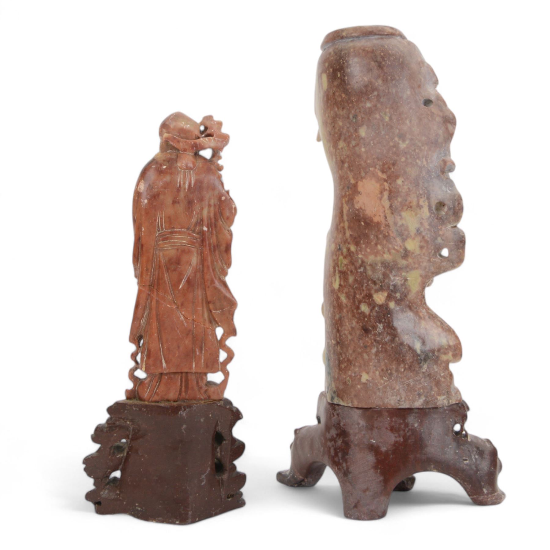 Chinese Shoushan carved and polished soapstone figure group, modelled as two men, together with Shou Lao carving and one other, largest H25cm 