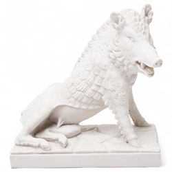 Modern sculpture of a boar, the base inset with an 'Arts and Commerce Promoted' medallion ...