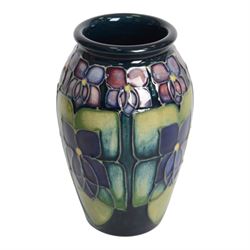 Moorcroft two miniature vases, in violets pattern, with original boxes, H11cm 