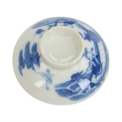 Pair of Chinese blue and white tea bowls, one with cover and four saucers, depicting two figures on a boat at sea, tea bowl H7cm