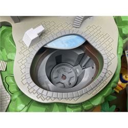 Quantity of Thomas the Tank Engine playsets and track, and Thunderbirds 2004 Tracy Island playset with some associated vehicles, in two boxes 