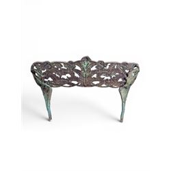 Victorian naturalistic design heavy cast iron garden bench, well defined fern pattern curved back-rest with arms, lacking seat slats for restoration