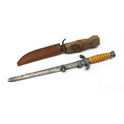  WW2 German Army Officer's dagger, 25.5 cm blade with Original Eickorn Solingen trade mark, swastika removed from scrolled guard, moulded orange celluloid grip with oak leaf pommel and ferrule, in textured scabbard with two hanging loops, L40.5cm and a William Rodgers 'Amphibian' diver's knife 16cm blade with shaped cork handle in sheath, L30cm (2)  