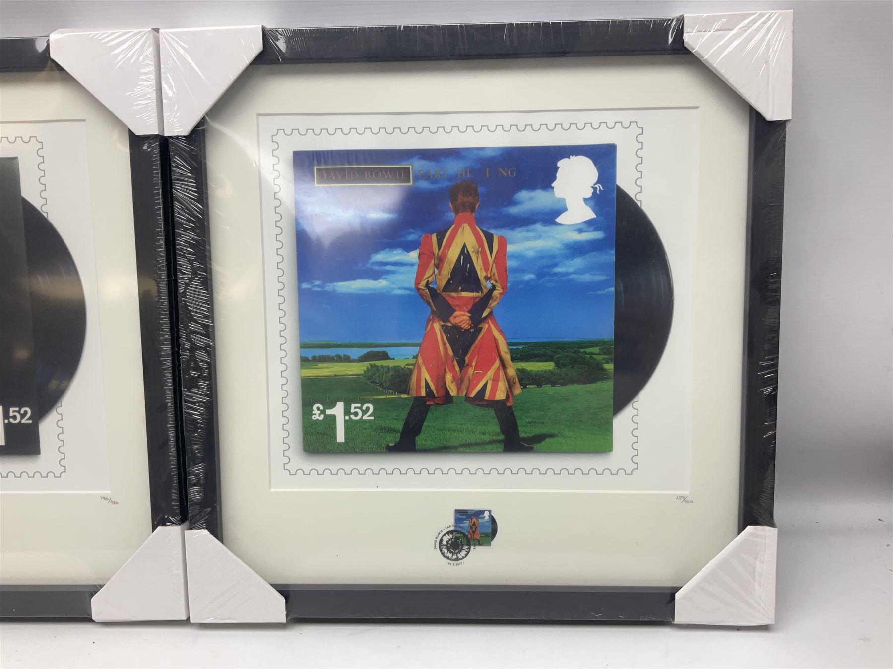 Set of three Royal Mail David Bowie limited edition album stamp prints, comprising Aladdin Sane, Blackstar and Earthling, all framed and in original packaging, H43cm W43cm
