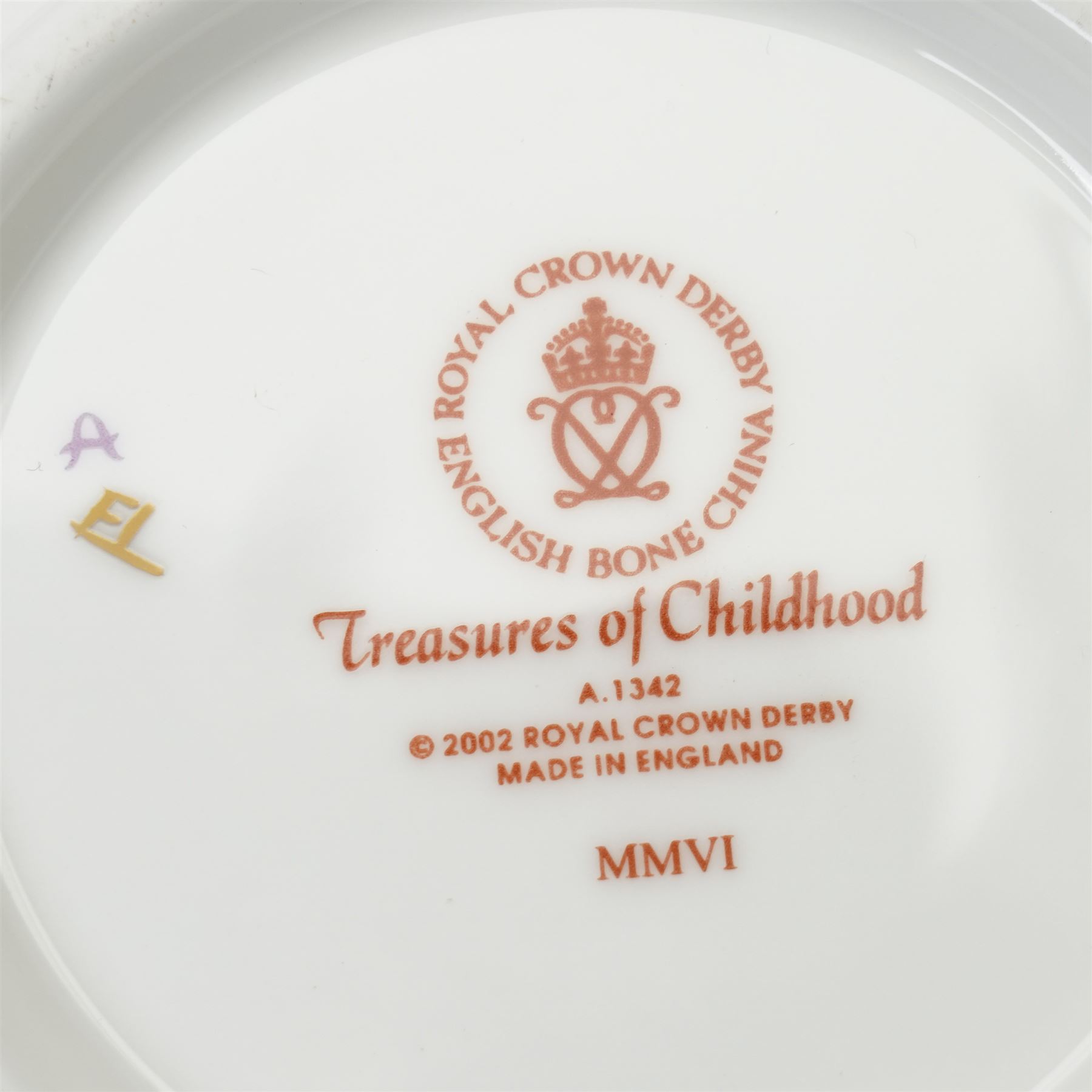 Royal Crown Derby 'Treasures of Childhood' miniature tea service, together with Humpty Dumpty figure, ragdoll, mug, and miniature sugar bowl, all boxed 