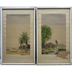 Yong Mun Sen (Malaysian 1896-1962): Coast and River Landscapes, pair watercolours signed and dated '54, 37cm x 22cm (2)