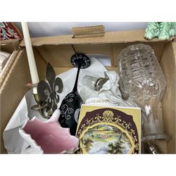 Sylvac green seated dog, together with pair Wade Heath vases, wall charger and other collectables, in two boxes  