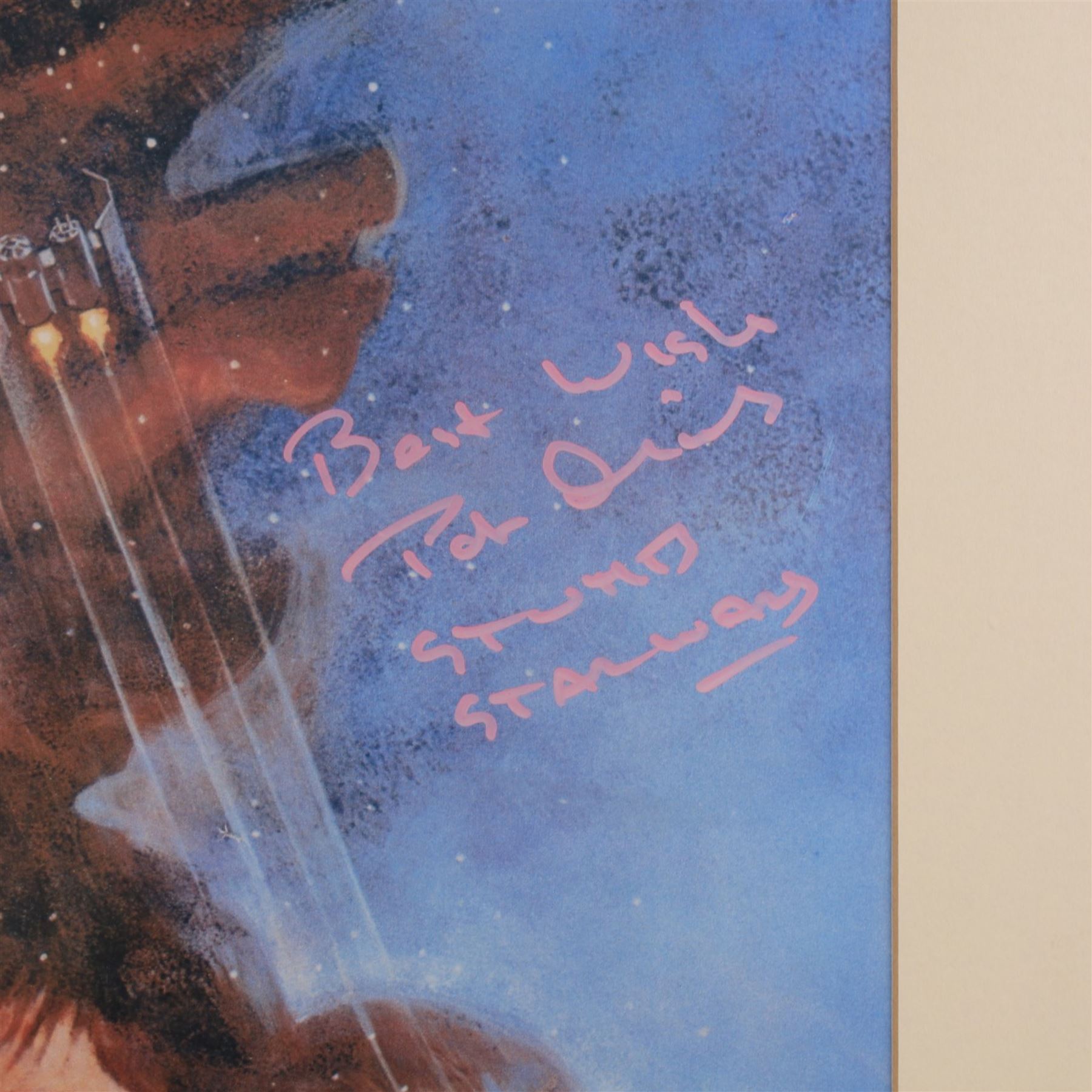 Autographed 1980s Star Wars Empire Strikes Back movie poster, with artwork by Tom Jung, with signatures including Michael Sheard (Admiral Ozzel), Koo Stark, Caroline Blakiston (Mon Mothma), Shelagh Fraser (Aunt Beru), Mike Edmonds (Logray), Peter Mayhew (Chewbacca), Jeremy Bulloch (Boba Fett), Stuart Freeborn (Creature Designer), Warwick Davies (Wicket), Michael Carter (Bib Fortuna), Dave Prowse (Darth Vader), Kenny Baker (R2D2), signatures and poster obtained at the Dave Prowse Promotions Mulitcon Event 1998 at The Norbreck Caste Hotel, Blackpool, in glazed black frame, frame H115cm