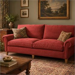 Quality three seat sofa upholstered in red fabric, with gently rounded scroll arms, loose ...