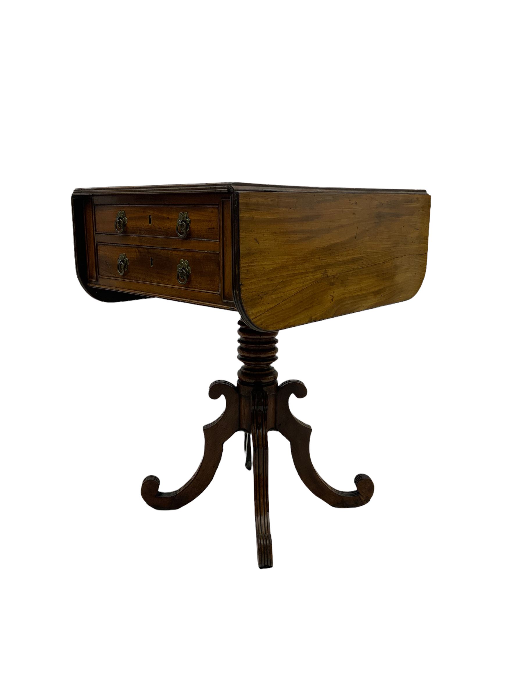 Georgian mahogany pedestal table, drop leaf top, two drawers, quatrefoil base