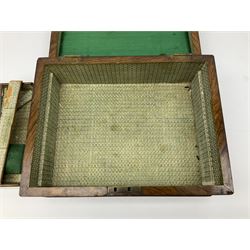 Victorian walnut sewing box, the hinged lid decorated with inlaid backgammon and cribbage board lifting to reveal lined compartmented interior with lift out tray
