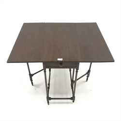  Edwardian mahogany spider leg Pembroke table, single drawer, turned supports, W68cm, H68cm, D85cm  