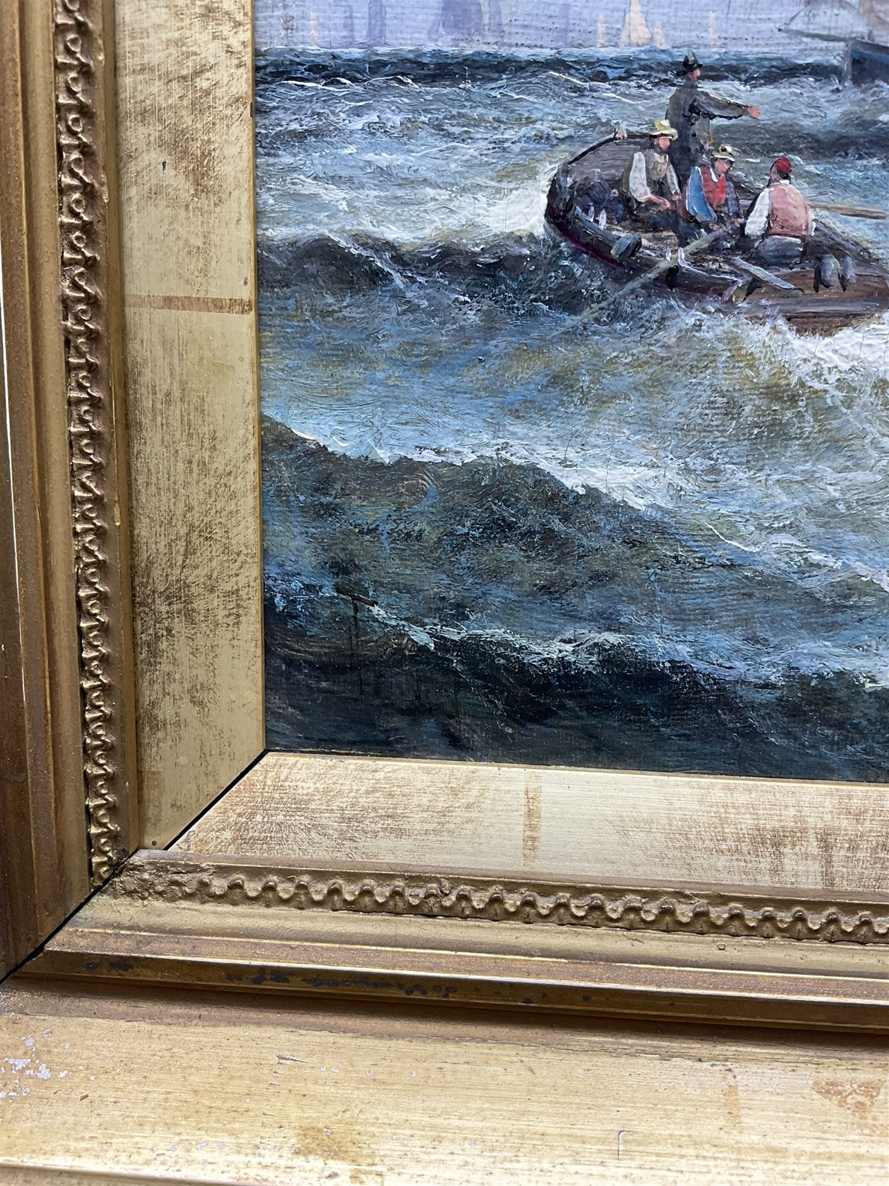 William Anslow Thornley (British fl.1858-1898): Fishing Boats leaving Whitby Harbour, oil on canvas laid on board signed 34cm x 29cm