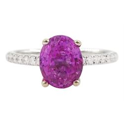18ct white gold oval cut pink sapphire ring, with diamond set shoulders, hallmarked, sapphire approx 2.80 carat