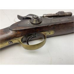 19th century B.S.A. & M. Co .577 Snider action gun, dated 1874, the 79cm barrel with three-groove rifling and two barrel bands, full walnut stock with brass fittings, the butt inscribed 'NZ (broad arrow) 221' and Yatagan side bayonet band, stamped 'Bond & James Birmingham', L124cm