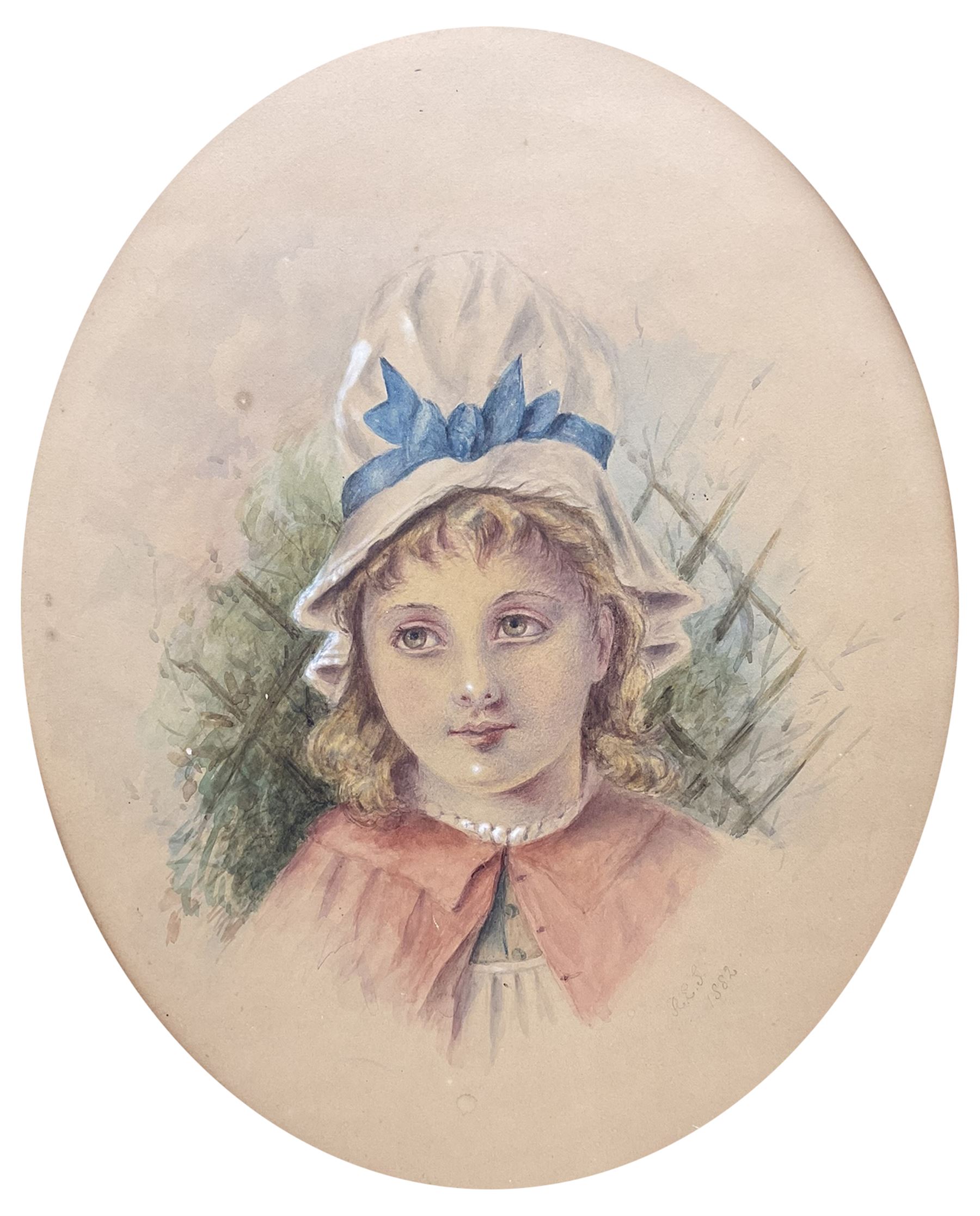 Rosina Emmet Sherwood (American 1854-1948): Girl in a White Bonnet, oval watercolour signed with initials and dated 1882, 41cm x 32cm