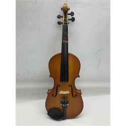 Four Chinese graduated violins - full size with 35.5cm two-piece back; three-quarter size with 33.5cm two-piece back; half size with 31cm two-piece back; and quarter size with 27.5cm two-piece back; all cased except full size; one with bow (4)
