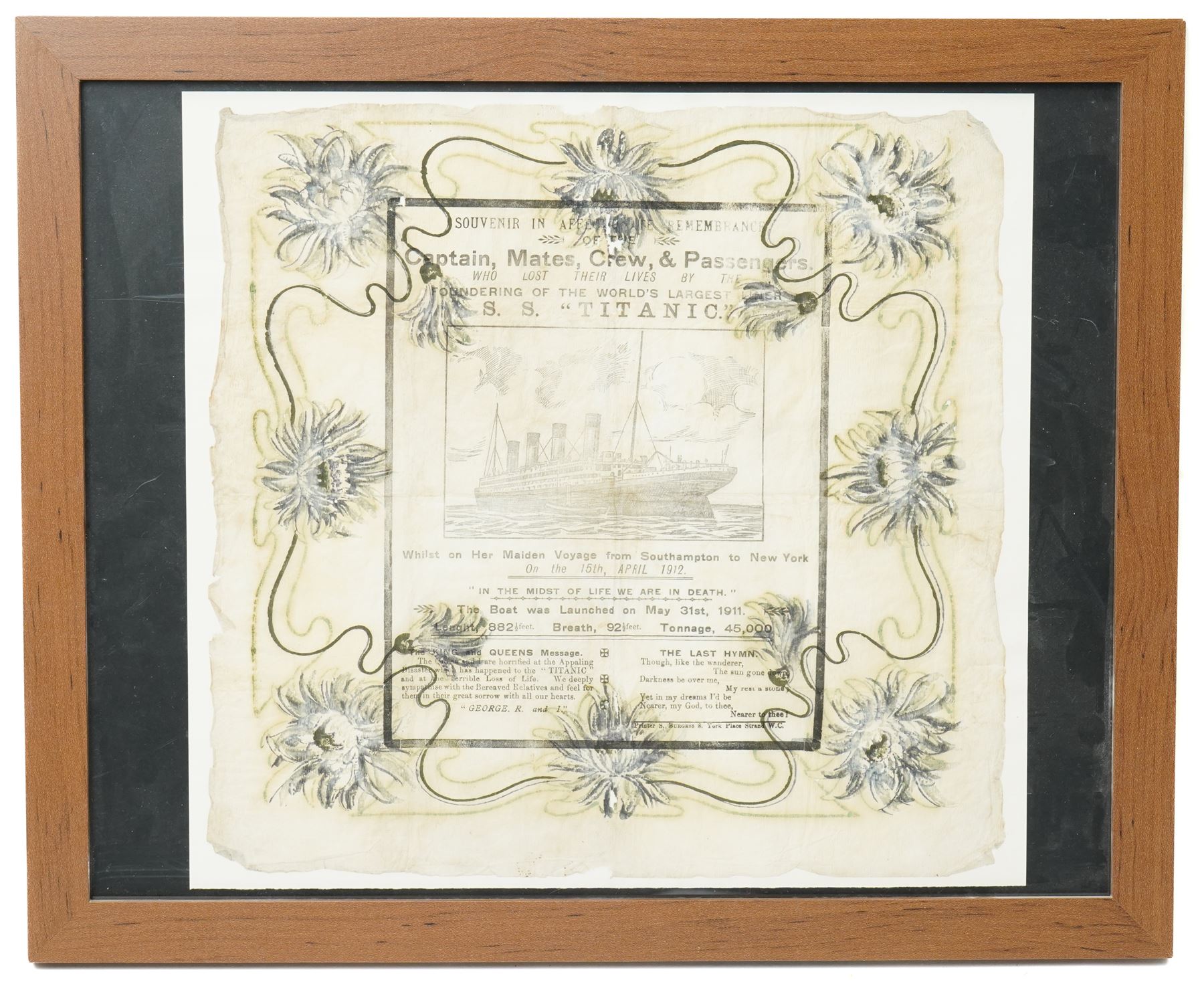 Titanic interest -  Commemorative printed remembrance handkerchief, souvenir in affectionate remembrance of the Captain, Mates, Crew and Passengers ..... SS Titanic printed by S Burgess, Strand, London 37cm x 37cm framed