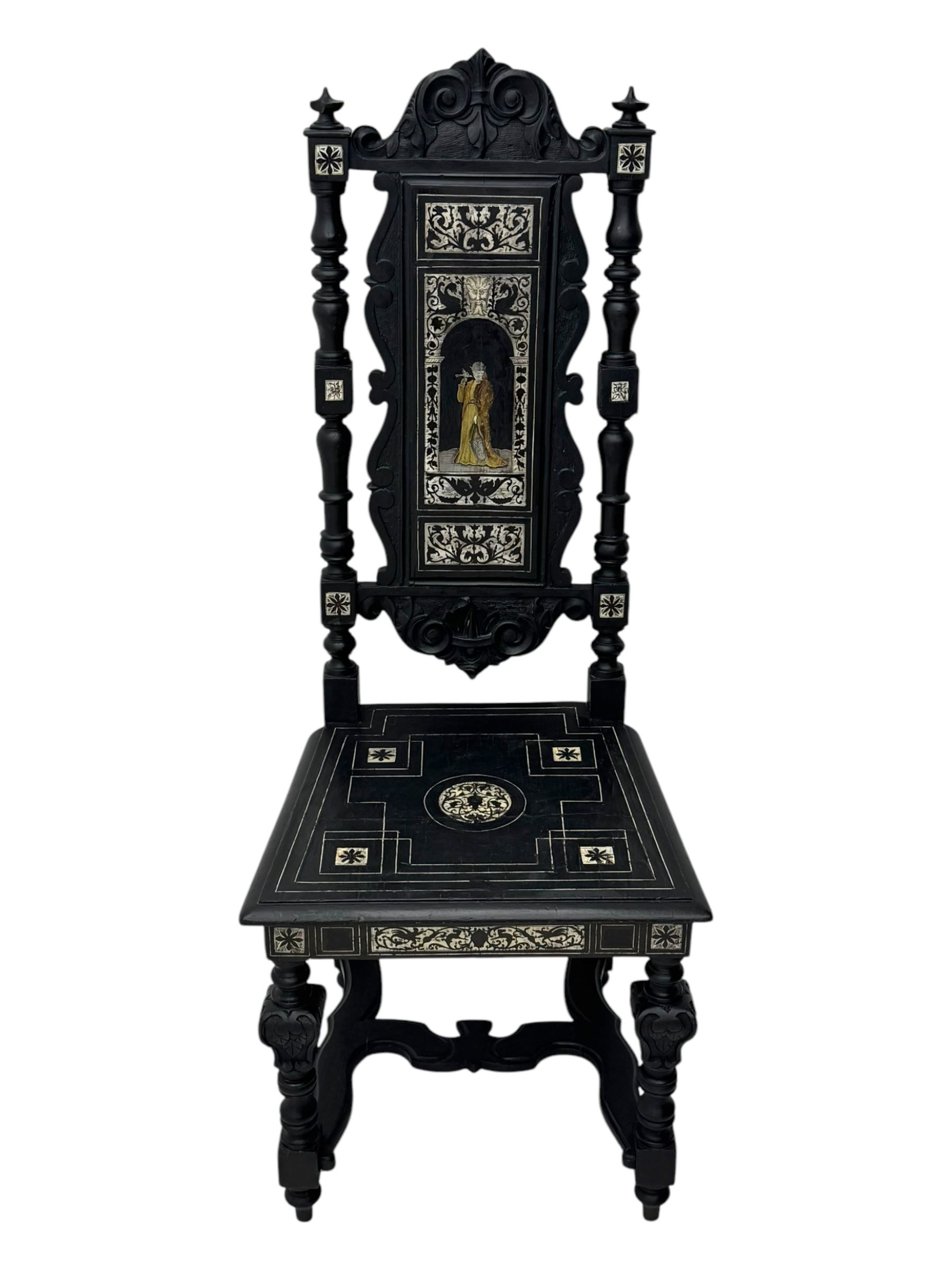 19th century Italian ebonised side chair, the backrest inlaid with bone and decorated with a painted figure in Renaissance dress within an arched reserve, flanked by turned supports and scrolled cresting, the seat and frieze similarly inlaid, raised on turned legs with shaped stretchers