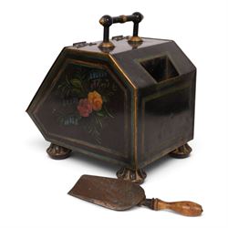 Late Victorian hand painted toleware coal scuttle, black painted tin body hand painted with floral sprays, fitted with shaped shovel to reverse and gilt painted circular feet H44cm