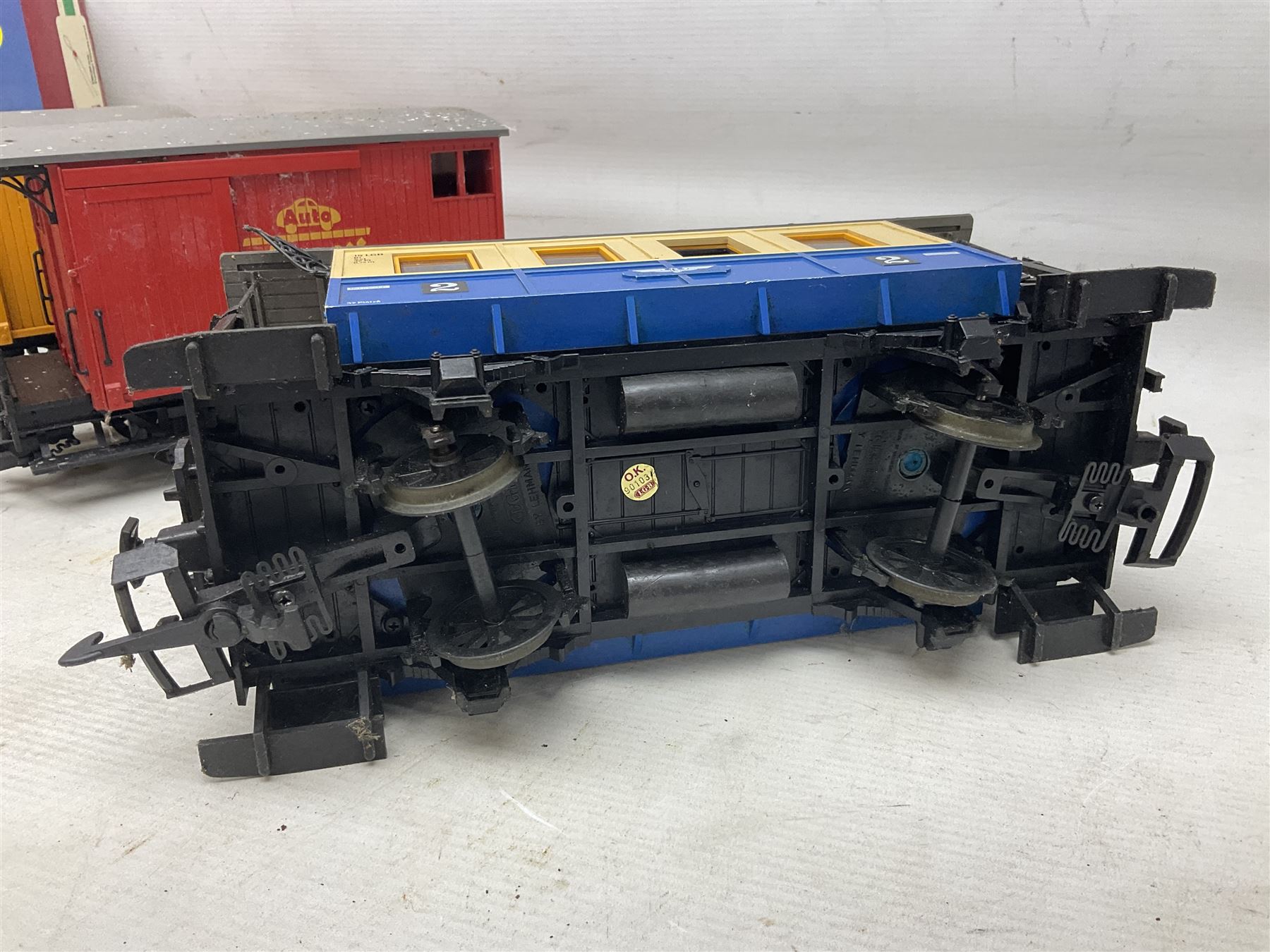 Three LGB (Lehmann Gross Bahn) G scale, gauge 1, rolling stock wagons, comprising two Lake George and Boulder wagons and an Auto Express wagon, together with a LGB passenger coach, other LGB rolling stock and a Lehmann Rigi900 ski lift