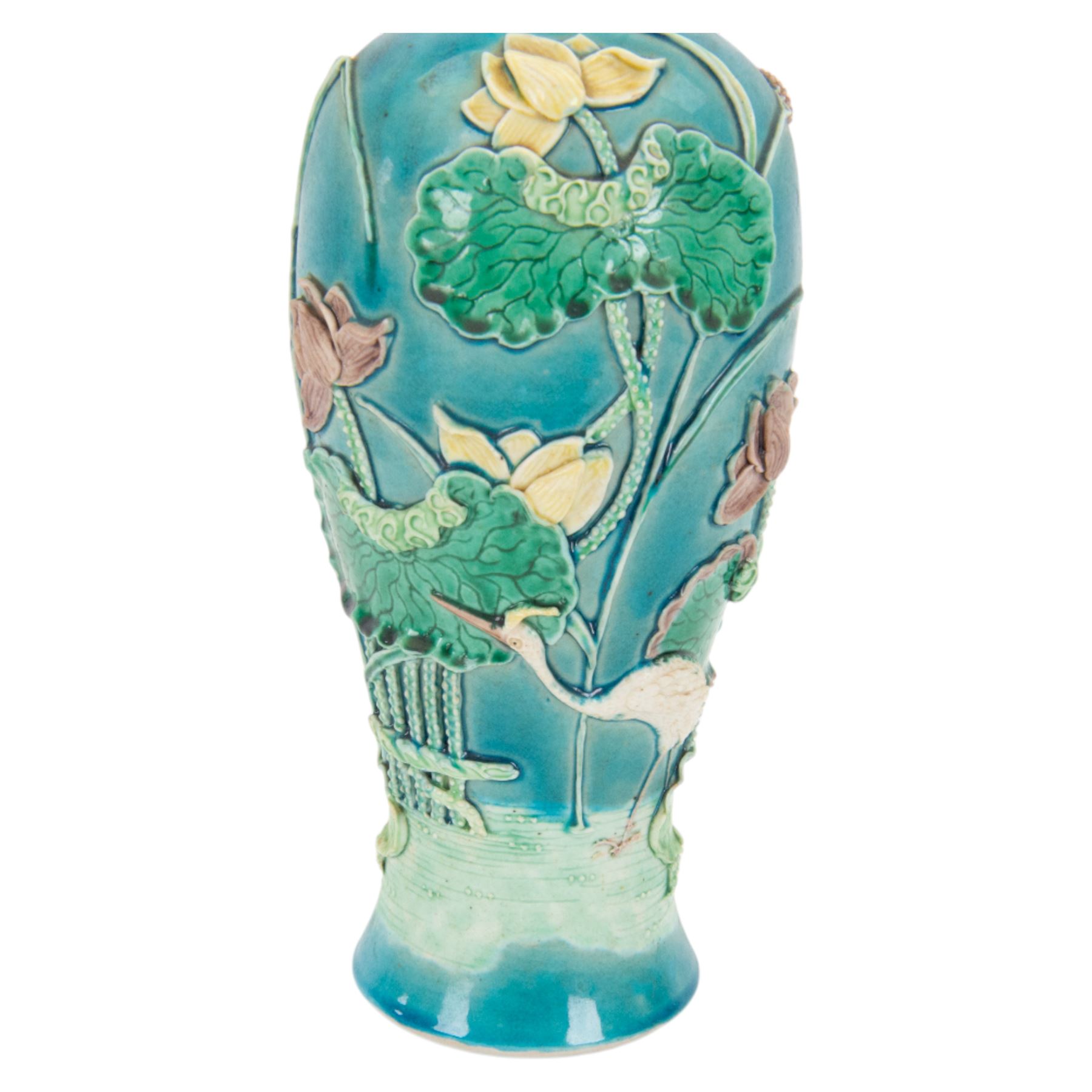 19th century Chinese porcelain vase, of baluster form decorated in relief with wading crane amongst pond lillies upon a turquoise ground, with Wang Bing Rong seal mark beneath, H26cm 