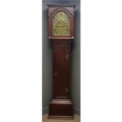  18th century oak longcase clock, stepped arch trunk door, brass dial with strike/silent, subsidiary second dial and date aperture, Arabic and Roman chapter ring, signed 'John Popplewell, Bridlington', H200cm  