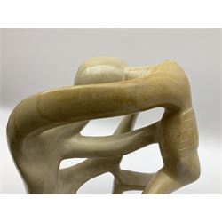 Contemporary soapstone abstract sculpture of two people, H35cm