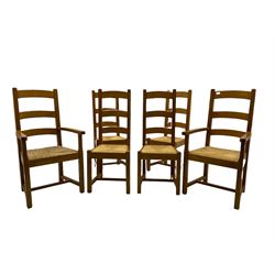 Set of six light oak dining chairs, with rush seats