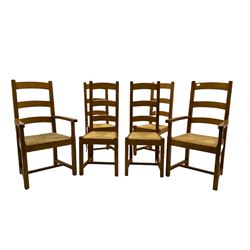 Set of six light oak dining chairs, with rush seats