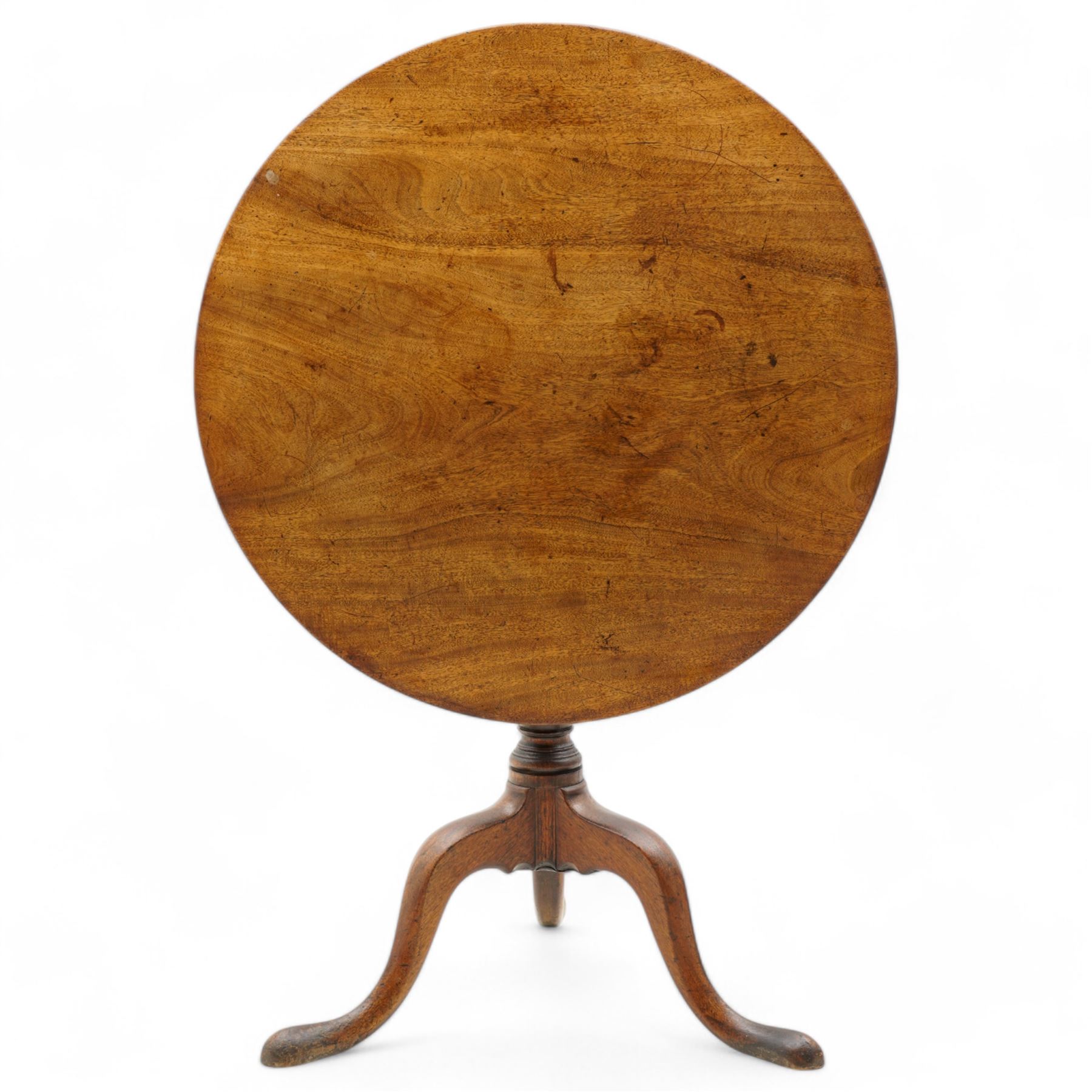 George III mahogany tripod table, circular single piece mahogany tilt-top, turned pedestal on three out-splayed supports 