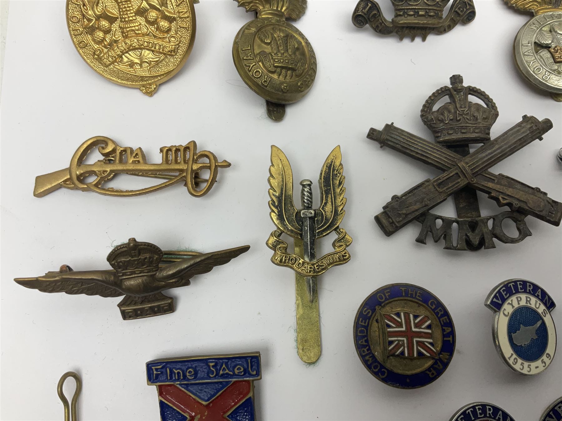 Two Edwardian hallmarked silver presentation fobs for military bugling competitions; and quantity of cap/glengarry and other badges, sweetheart brooches etc