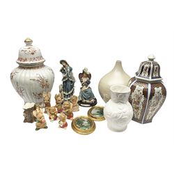 Two Juliana Collection resin figures, Hornsea Fauna Royal vase, seven Pendefin figures, large Italian decorative urn marked 'Carraresi V.V. Calenzano Firenze dec Liberty' beneath, etc.  