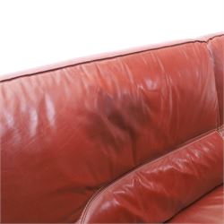 Fabrizio Mantellassi - 20th century Italian red leather suite, one three seat and two large armchairs, upholstered in deep red hide with stitched seam detailing, with magazine pockets to each side, the rectangular back cushions above broad padded arms and seat cushions, raised on low block bases

Sofa: H c98m, W 203cm, D 92cm
Armchair: H 98cm, W 113cm, D 92cm