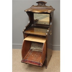  Edwardian coal compendium, carved top rail, bevel edged mirror, carved fall front, four castors (W43cm, H99cm, D35cm) and walnut piano stool, upholstered hinged seat, paneled sides, (W60cm, H66cm, D35cm)  