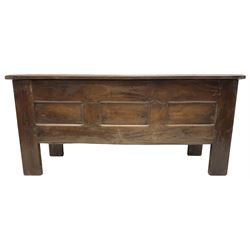 Large 18th century oak coffer or chest, rectangular hinged top with moulded edge, over panelled sides with moulded rails, raised on stile supports
