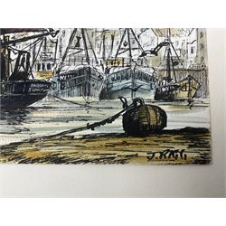 Jack Rigg (British 1927-2023): Whitby Fishing Boat by Lighthouse and a Ship Moored in Whitby Harbour, pair watercolours signed, dated verso 25cm x 34cm (2)