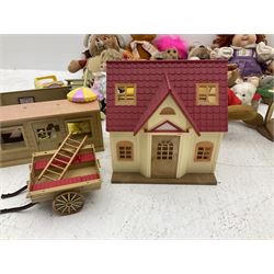 Quantity of stuffed toys and dolls to include Teddy Ruxpin, Cabbage Patch, Troll doll, and a quantity of plastic toys including Sylvanian Families Country School etc, in two boxes