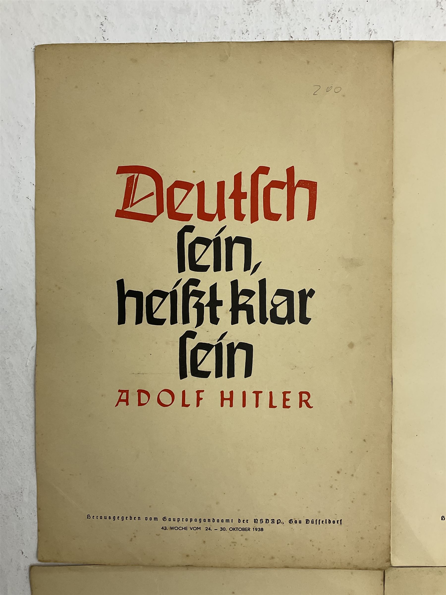 Collection of eight pre-WW2 German Propaganda poster style cards each printed in black and red with sayings by NSDAP leaders and German historical leaders,  featuring quotes by Adolf Hitler, von Goethe, Rosenberg, Magnus Wehner, Moltke, Kolbenheyer etc, each dated 1938 35 x 23.5cm unframed (8)
