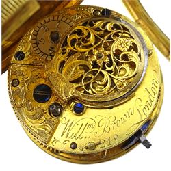 George III gilt verge fusee pocket watch by William Brown, London, No. 219, round baluster pillars, white enamel dial with Arabic numerals, bull's eye glass and one other gilt verge fusee front wound pocket watch (2)