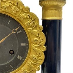 French - Napoleon III 8-day Portico clock in a rosewood and ebony case with circular turned pillars and cast brass capitals, with a flat top and stepped base raised on brass button feet, movement and dial suspended in a gilt drum case with a cast bezel, slate dial with incised roman numerals and gilt moon hands, with a visible gridiron compensated pendulum and brass faced bob, twin train countwheel striking movement, striking the hours on a bell. 