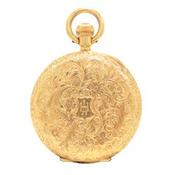 Early 20th century 18ct gold open face keyless lever fob watch, white enamel dial with Roman numeral hour markers, engraved foliate case, the cartouche monogrammed with initials HA, stamped 18K with Helvetia hallmark