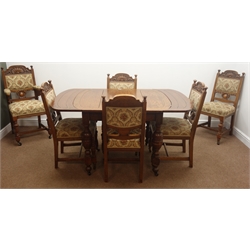  Early 20th century oak drawer leaf dining table, turned supports (152cm x 92cm, H78cm) and set six dining chairs (5+1) shaped shell carved cresting rails, upholstered back and seat, turned supports  
