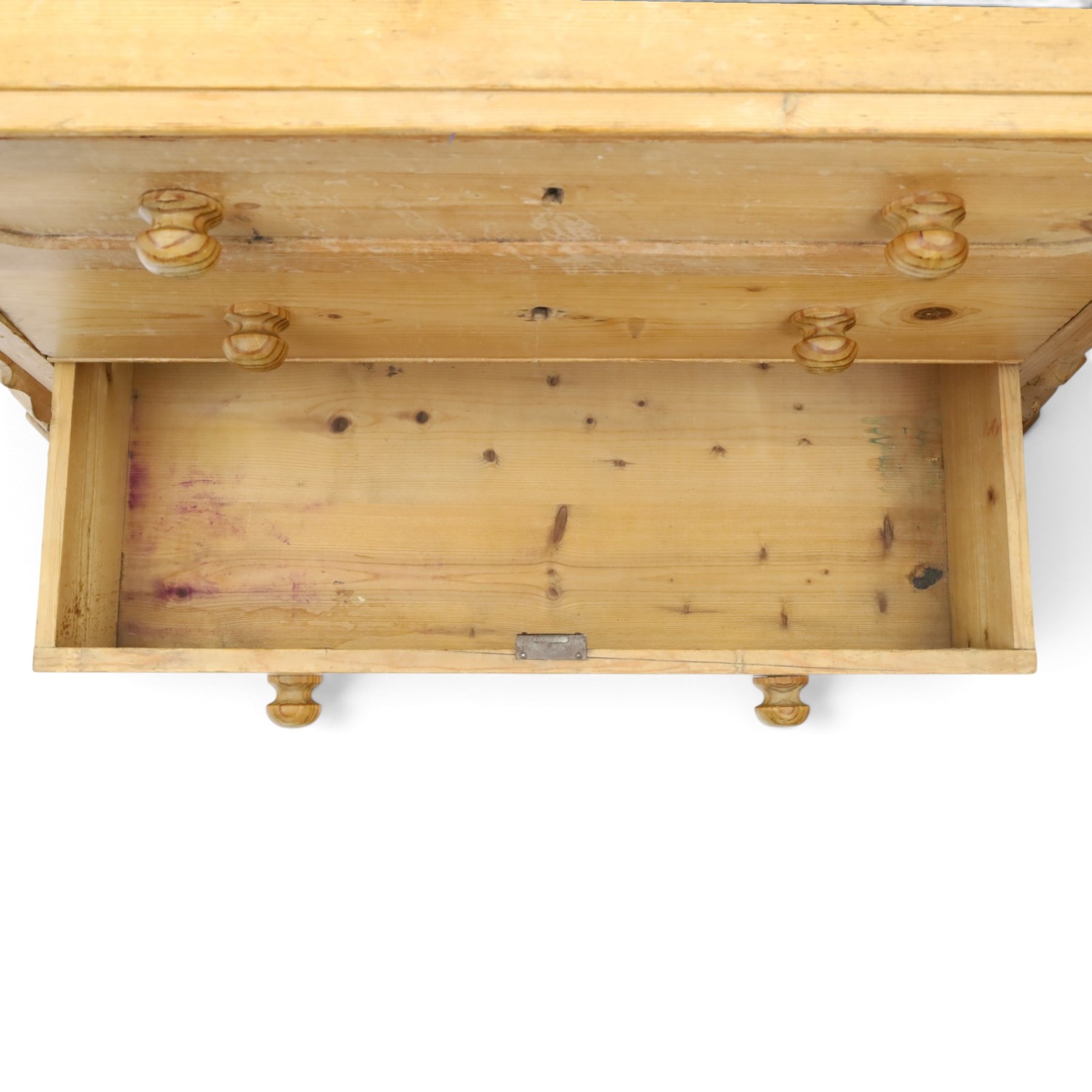 Two pine chests, comprising Victorian pine chest fitted with three  drawers with turned handles, shaped uprights extending to bracket feet, (H 83cm, W 77cm, D 41cm) and Continental pine chest fitted with three drawers with turned handles, on turned feet (H 81cm, W 100cm, D 51cm)