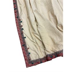 Two pairs of pleated curtains, in pale gold fabric with red patterned outer band and tassels, thermal lined, W80cm, Fall - 300cm